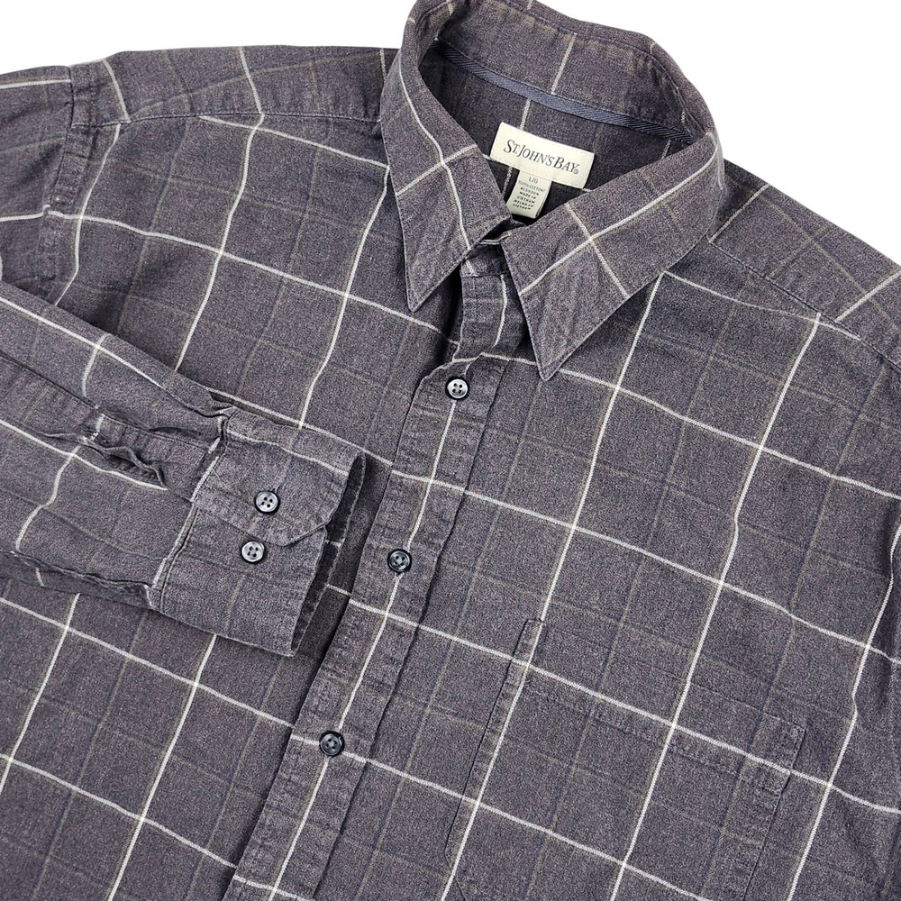 St. John's Bay Flannel Shirt Mens L Gray Windowpane Plaid Casual Classic Cotton